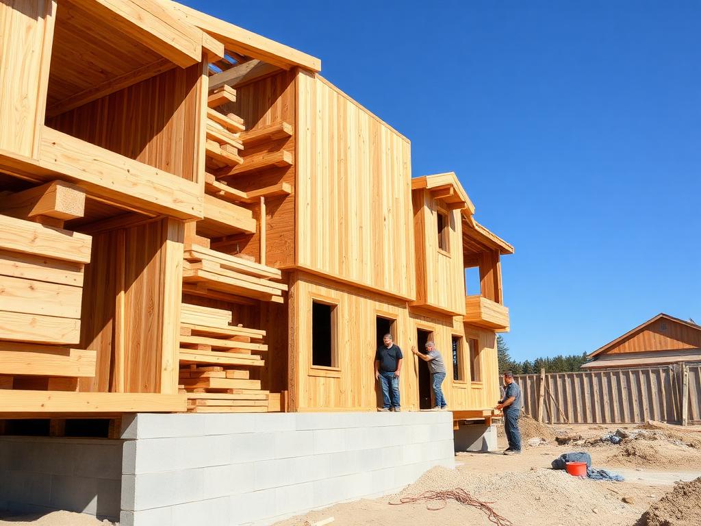 Equipe da Gealta Construtora montando as paredes de uma casa de madeira de encaixe